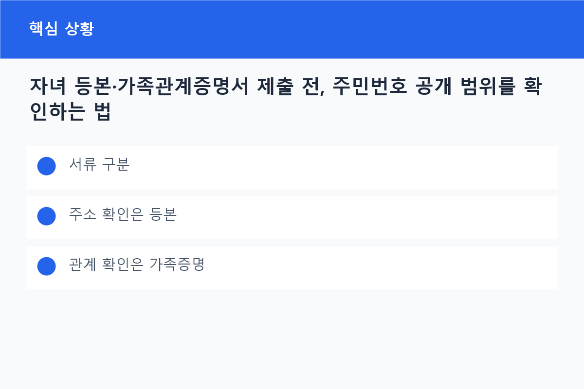 자녀 등본&middot;가족관계증명서 제출 전, 주민번호 공개 범위를 확인하는 법의 서류 구분 핵심을 정리한 정보 카드