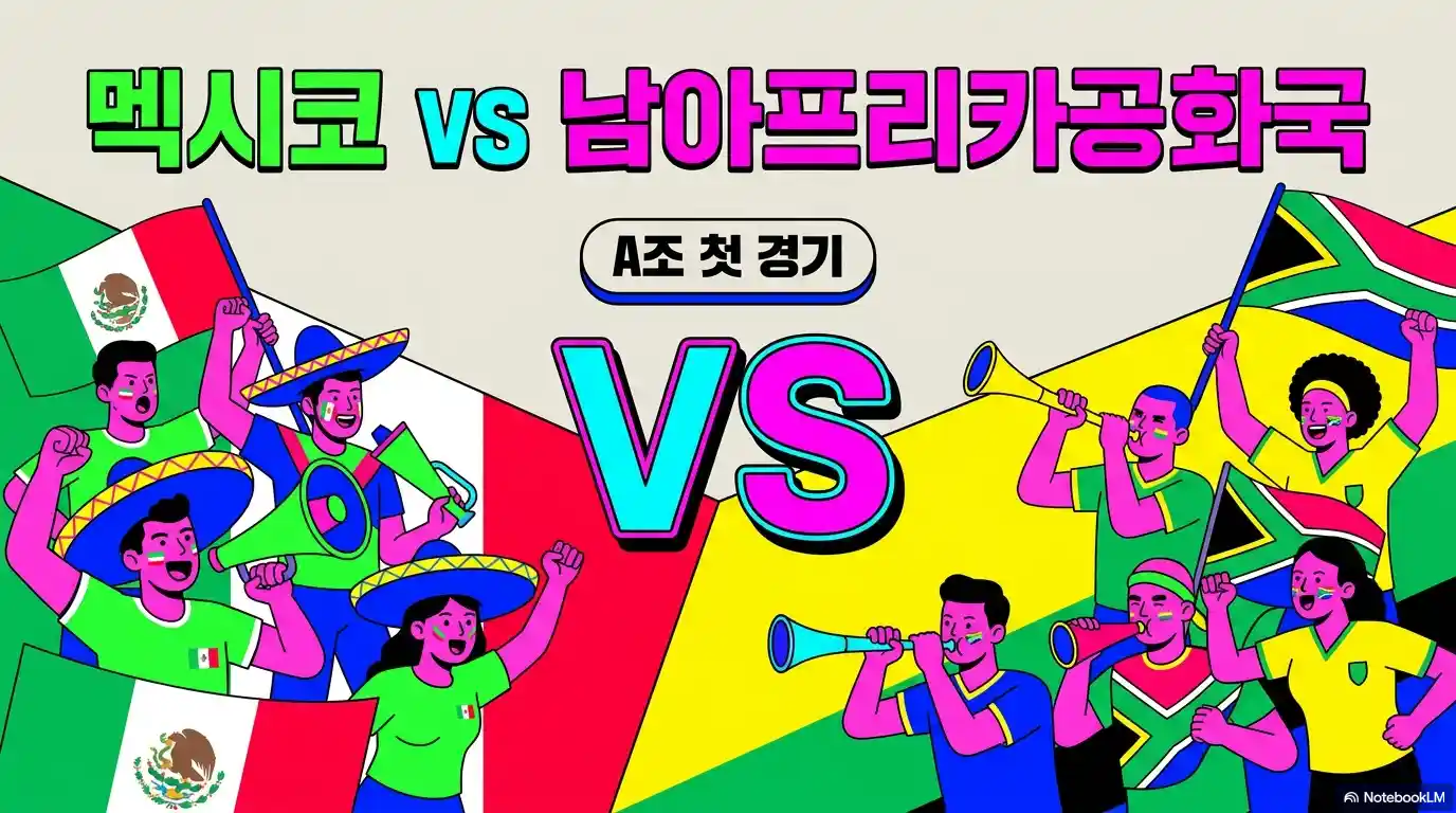 2026 북중미 월드컵 A조 첫 경기 멕시코 vs 남아프리카공화국 대결 - 양국 응원단과 국기 일러스트