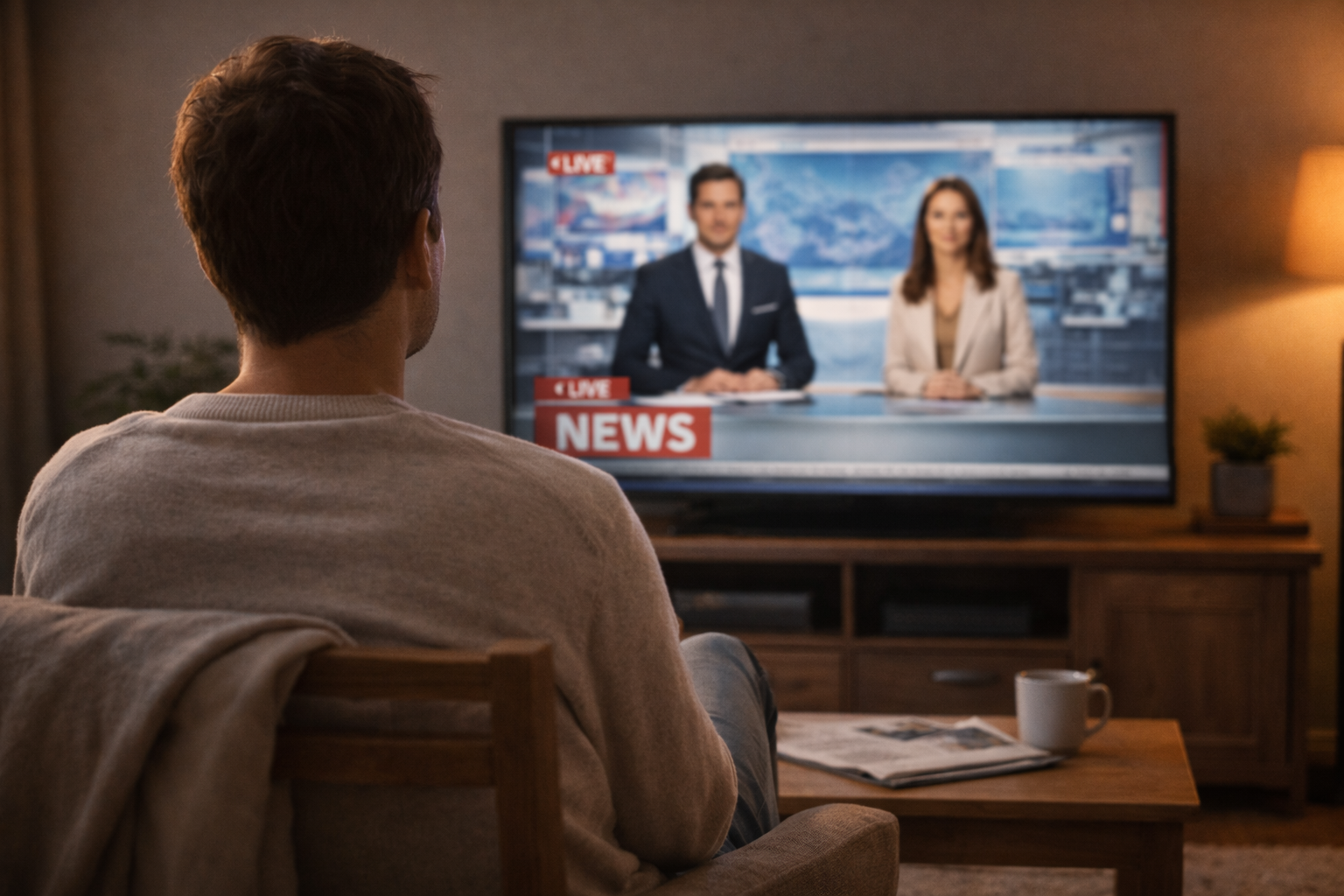 집에서 뉴스를 보며 일상적으로 정보를 접하는 평범한 모습