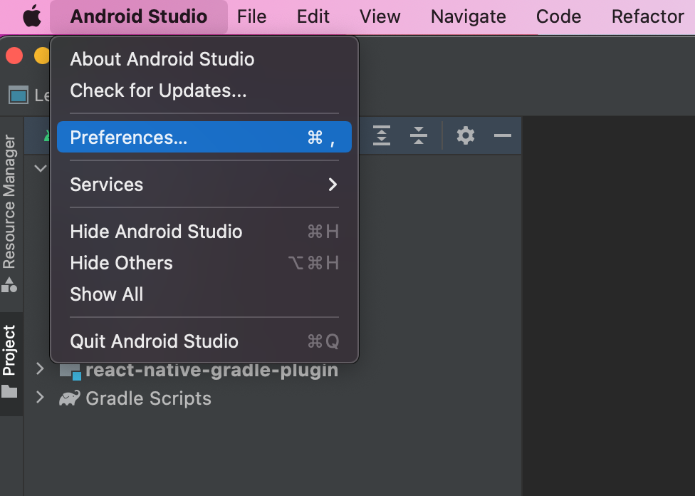 안드로이드 스튜디오 설정으로 이동 Preferences