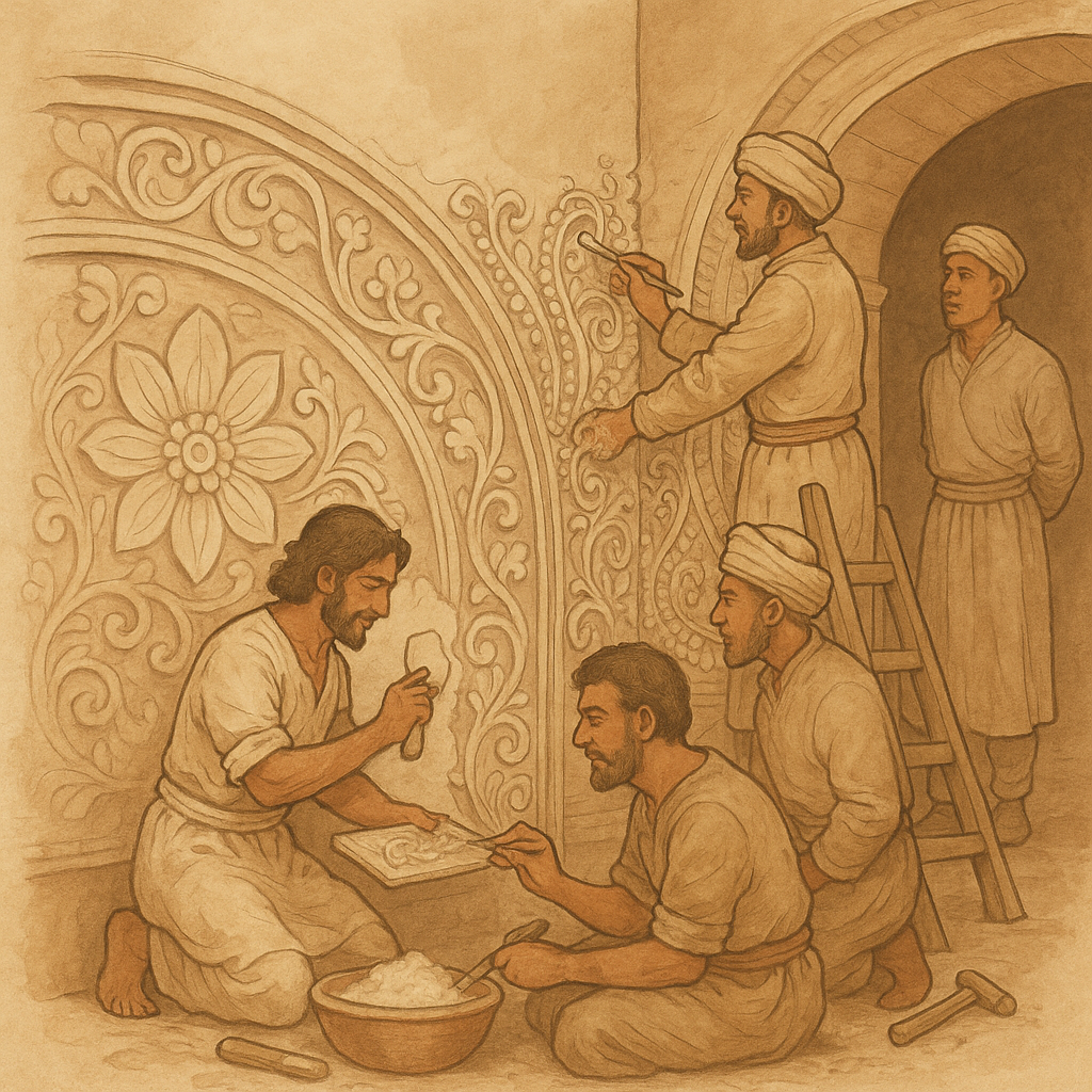 간다라 장인들의 세밀한 장식을 새겨넣는 장면