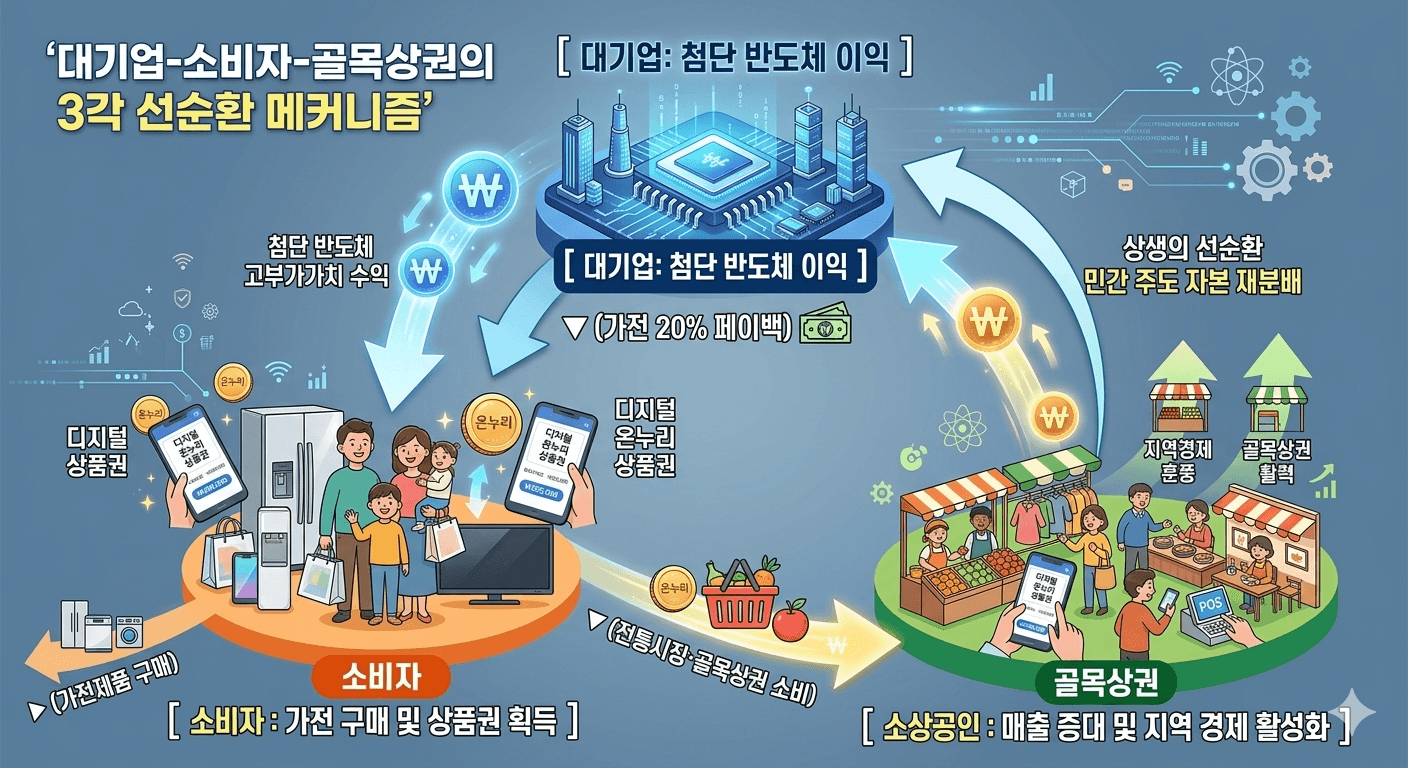 삼성전자 가전구매시 디지털 온누리 상품권 획득→소비자 →골목상권의 3각 선순환 매커니즘
삼성전자 가전구매시 디지털 온누리 상품권 획득→소비자 →골목상권의 3각 선순환 매커니즘
