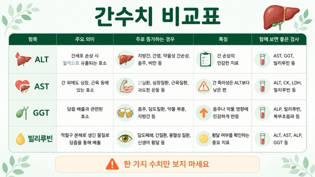 ALT AST GGT 빌리루빈 간수치 비교표 해석