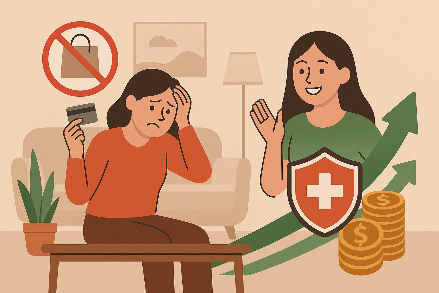 실내소비에 스트레스를 받는 여성과 금융건강을 회복한 여성을 대조적으로 그린 일러스트