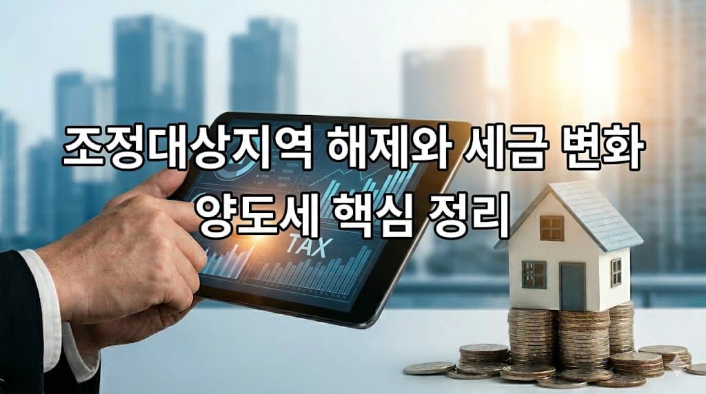 '조정대상지역 해제와 세금 변화' 및 '양도세 핵심 정리' 문구가 포함된 깔끔한 블루 톤의 부동산 블로그 썸네일 이미지