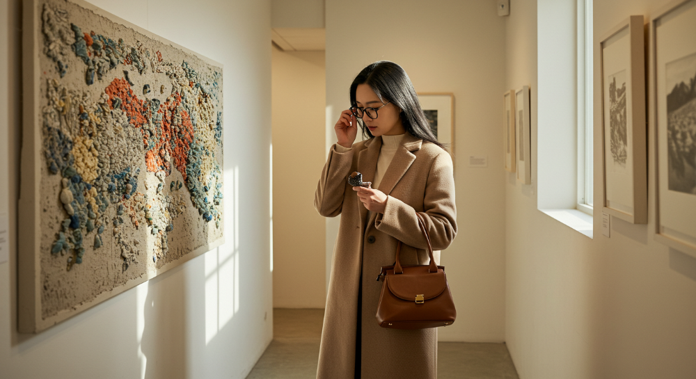 제주 로컬 갤러리에서 예술 작품을 감상하는 한국인 여성