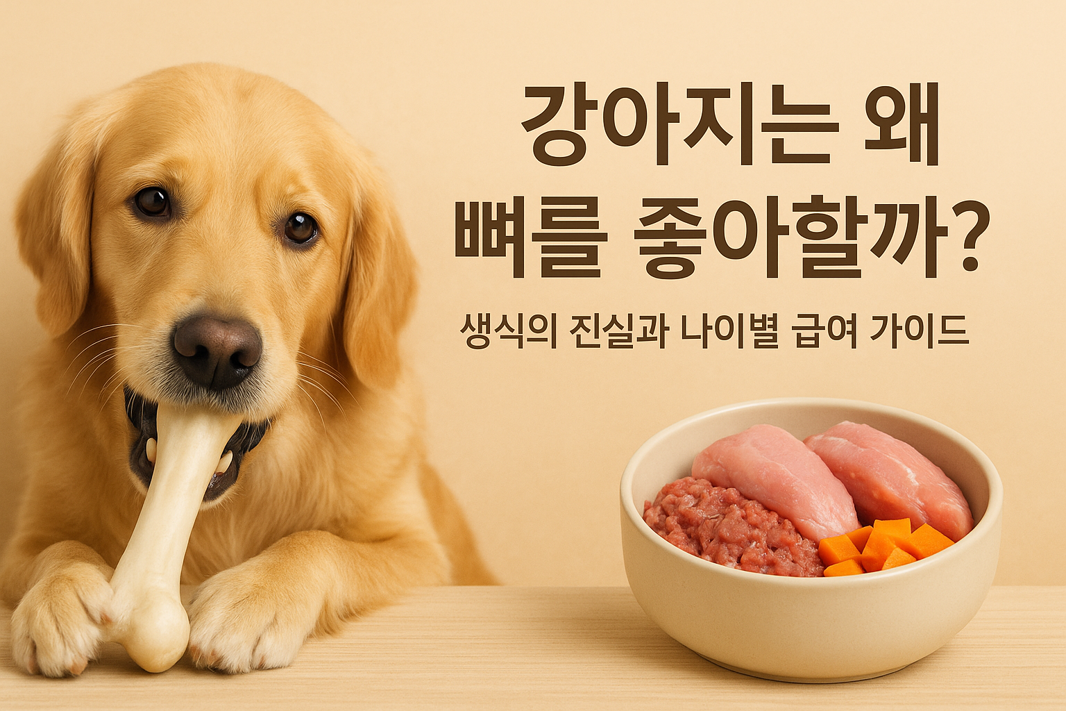 강아지가 뼈를 물고 있고, 그 옆에는 생식이 예쁘게 담긴 그릇이 놓여있다.