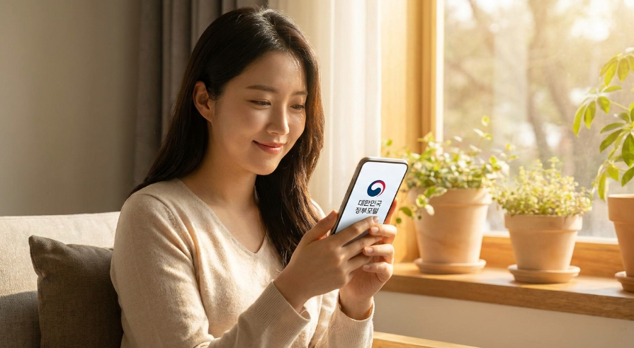 따뜻한 햇살이 비치는 거실에서 스마트폰으로 정부 민원 서비스를 확인하며 미소 짓는 여성