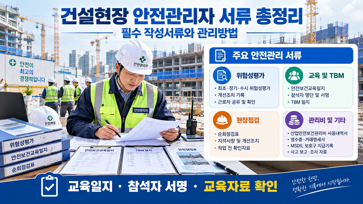 건설현장 안전관리자가 위험성평가와 안전점검표 등 안전관리 서류를 검토하는 모습