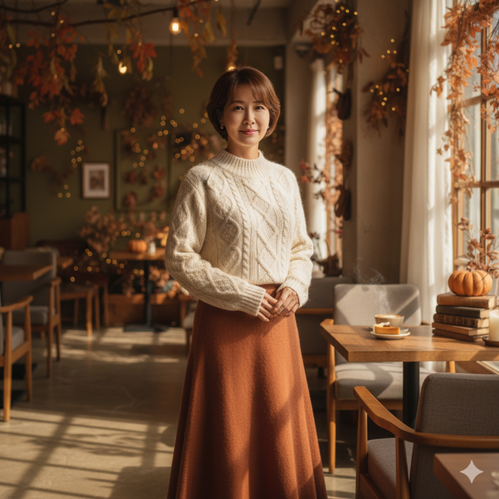 가을 분위기 나는 배경 앞에서 니트 소재 옷을 입은 40대 여성