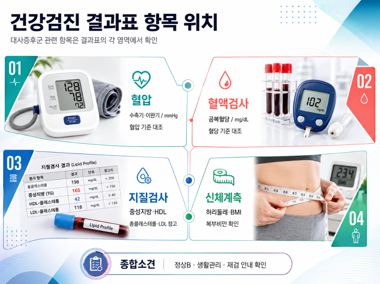 건강검진 결과표에서 혈압 혈당 지질검사 신체계측 종합소견 항목 위치를 안내한 인포그래픽