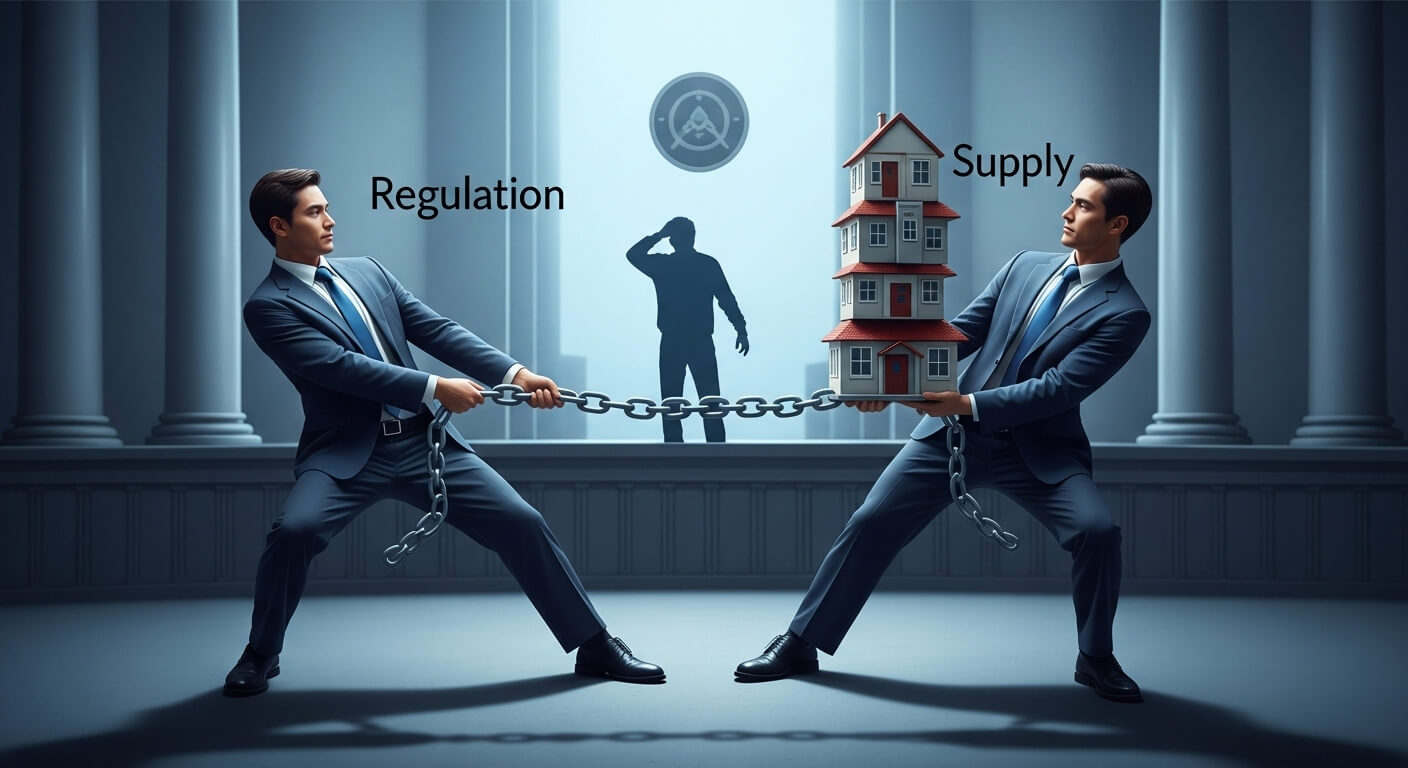 두사람이 줄다리기를 하고 있고 하나는 규제 하나는 공급을 표시하고 있다