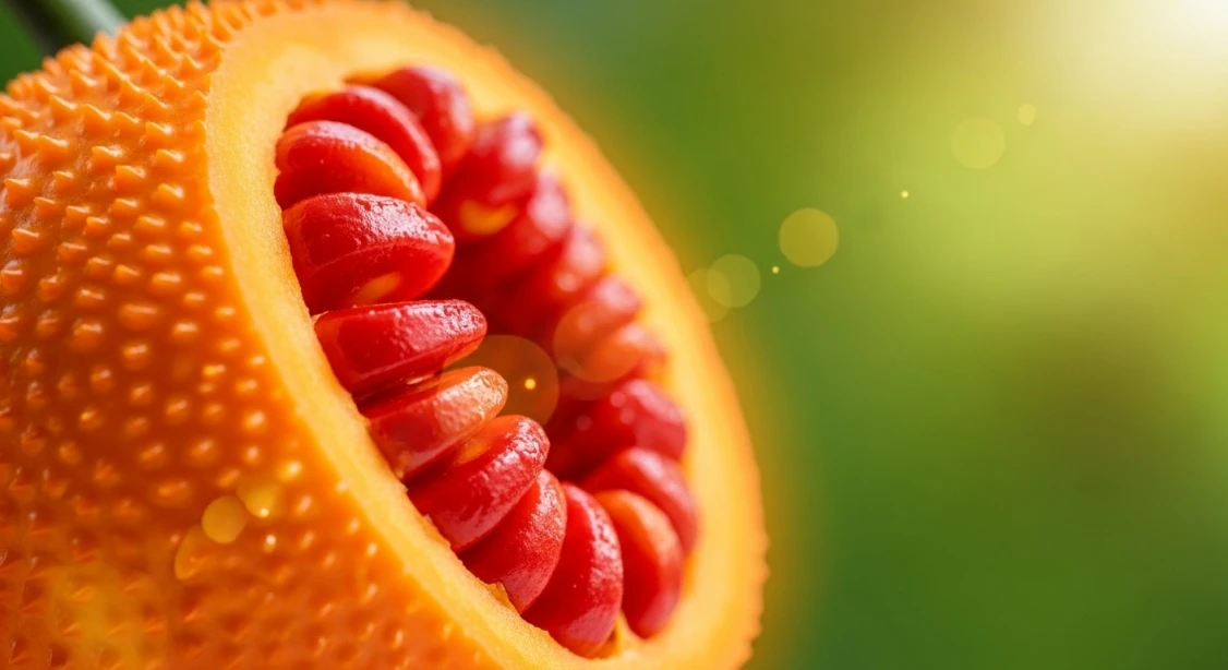 싱싱한 걱 열매의 밝은 오렌지색 껍질과 붉은 씨껍질이 건강한 녹색 배경과 어우러져 있는 이미지