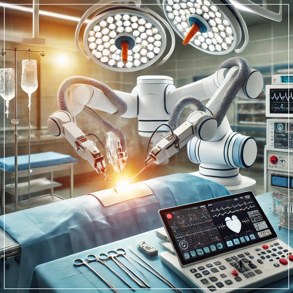정밀한 의료 시술을 수행하는 외과 수술 로봇, 미래 의료 혁신을 보여줌.