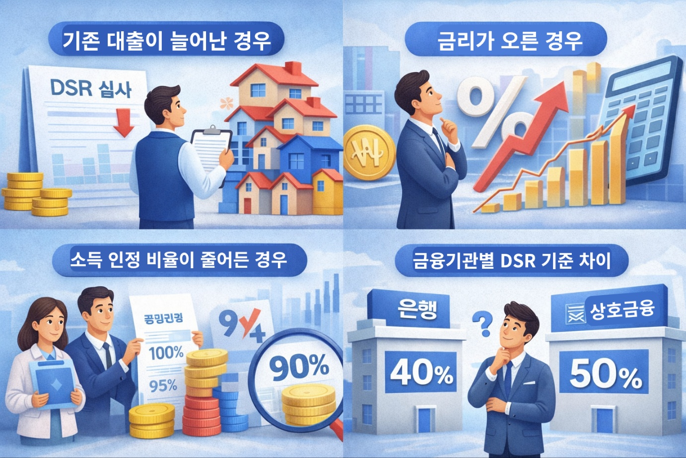 DSR 때문에 대출 한도가 줄어드는 대표적인 상황들을 사례별로 설명한 일러스트 이미지