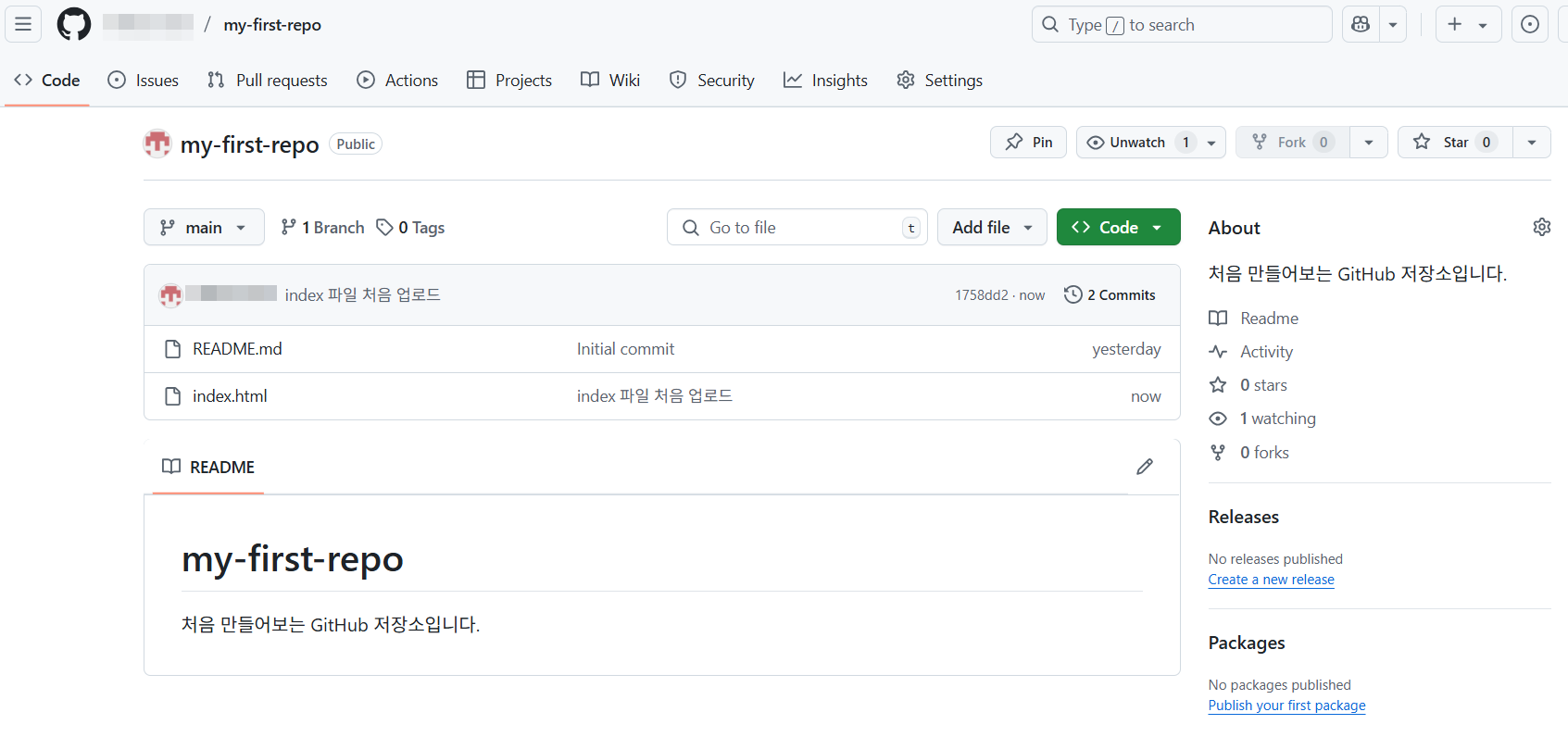 GitHub 저장소 메인 화면 일부