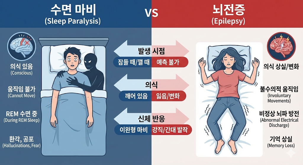 수면마비와 뇌전증의 차이를 시각적으로 비교하는 인포그래픽