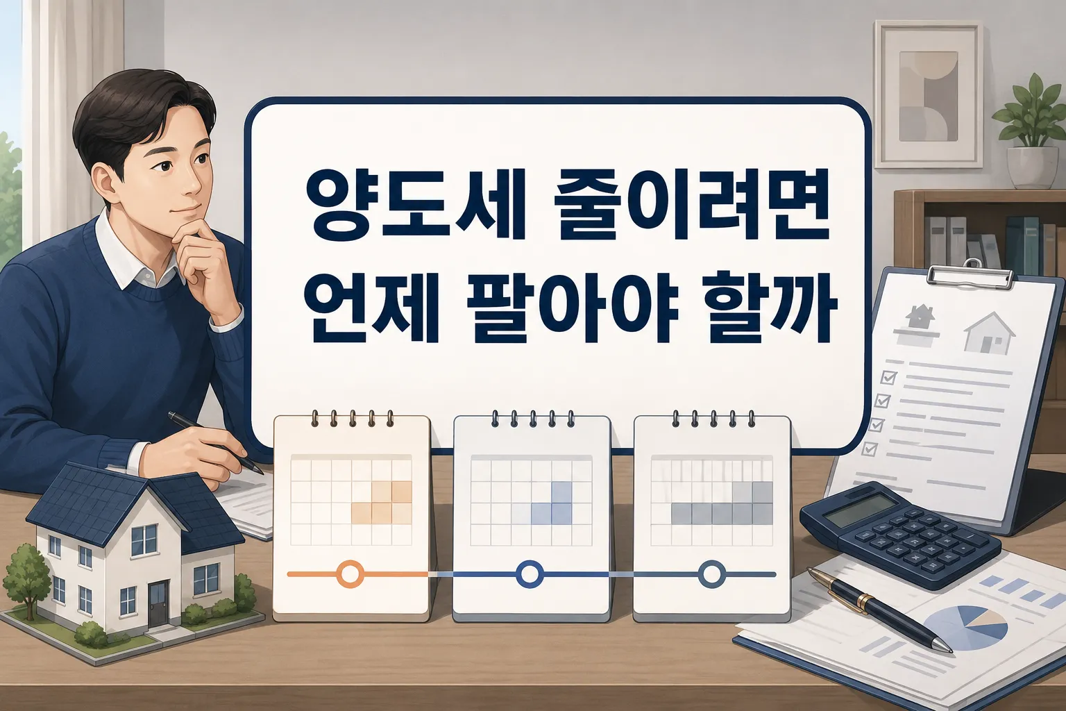 양도세 줄이려면 언제 팔아야 할까를 이해할 수 있도록 보유기간별 매도 시점과 세금 계산 준비 요소를 함께 보여주는 썸네일 이미지