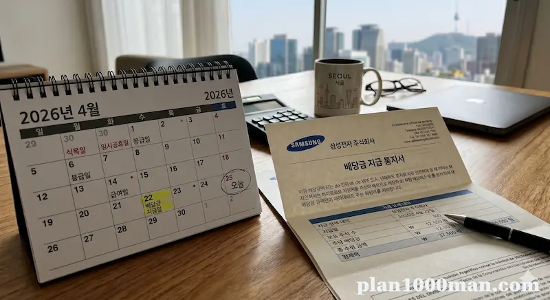 주식 배당금 통지서와 달력이 함께 놓인 이미지