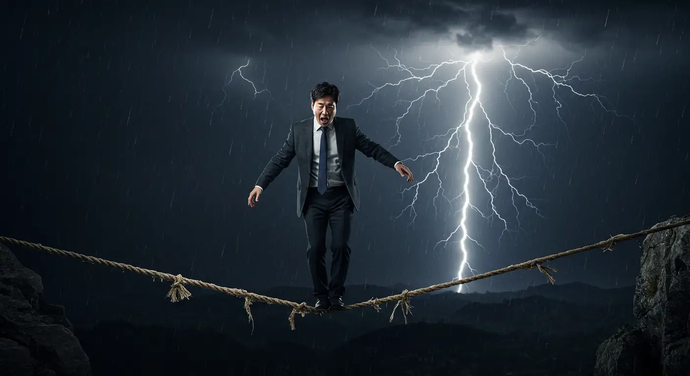 폭풍우 속에서 외줄을 타는 것처럼 위험한 월변 대출을 상징하는 이미지