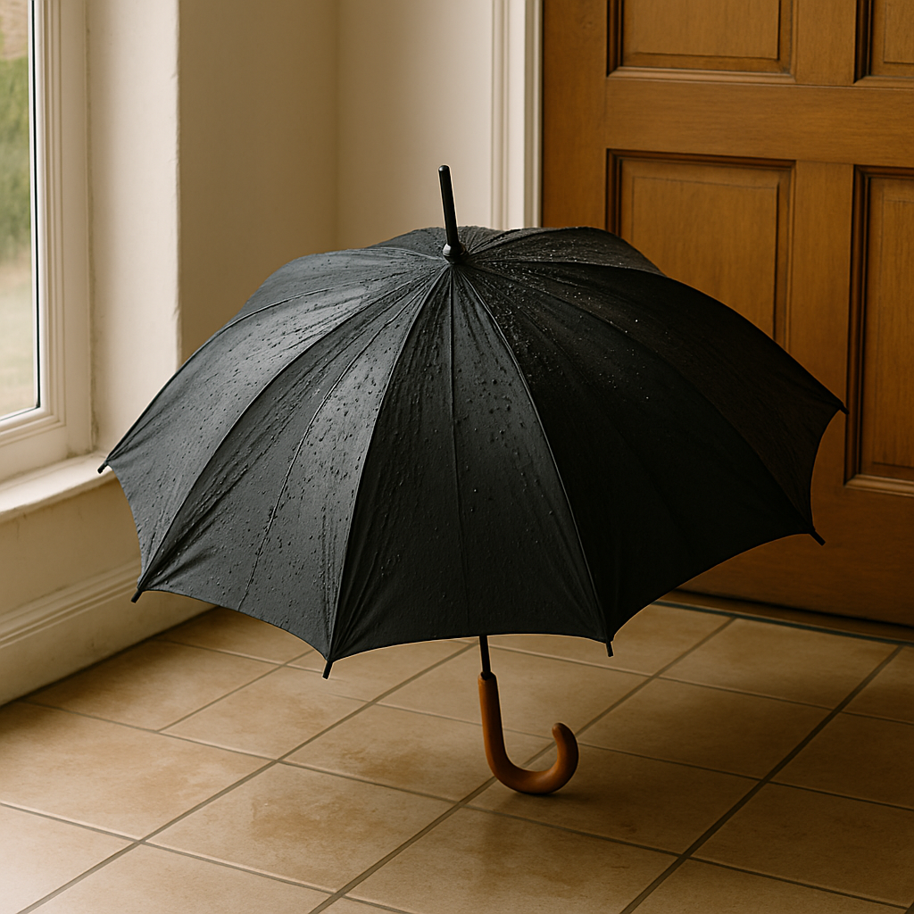 물기가 있는 검은색 우산이 현관 앞에서 펼쳐진 채 말리고 있는 모습