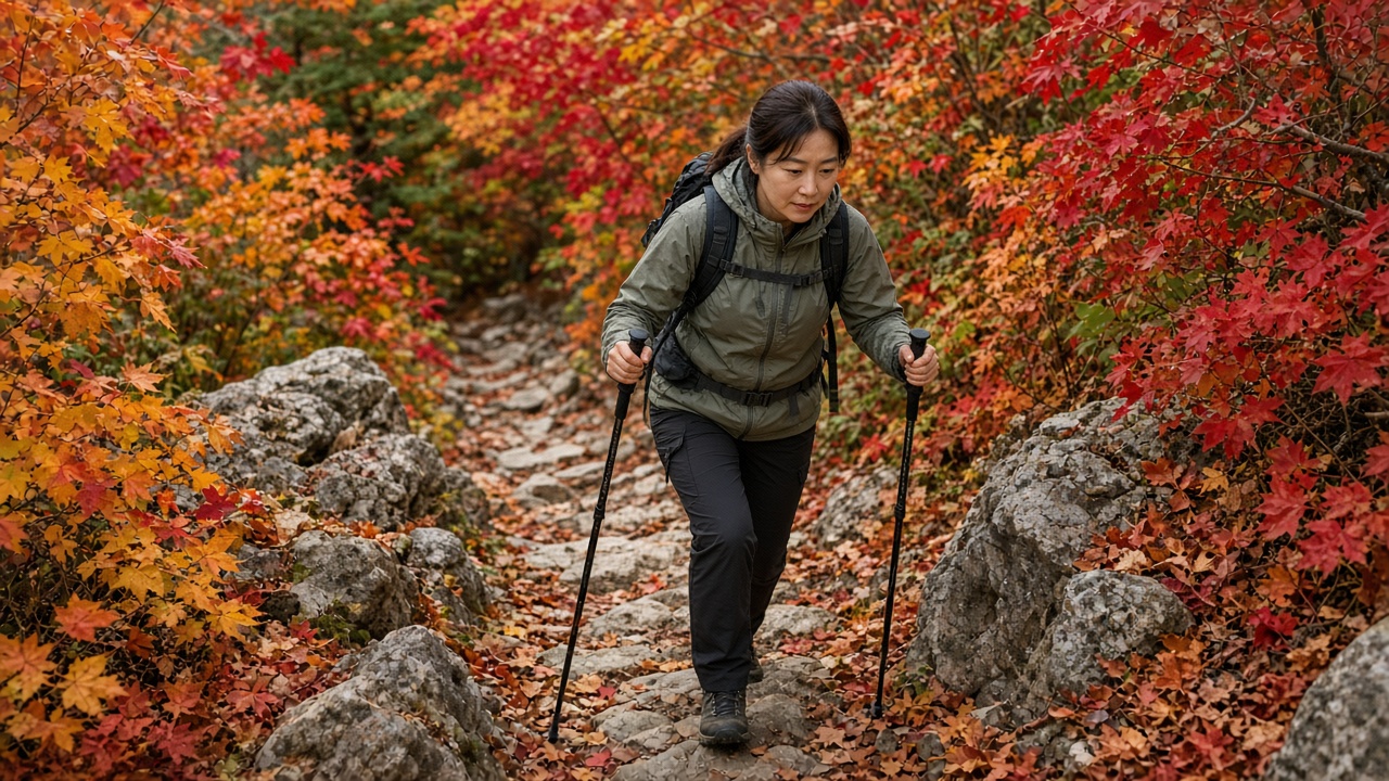 단풍 산행 내리막길에서 등산스틱 두 개를 짚고 내려오는 30대 한국인 여성