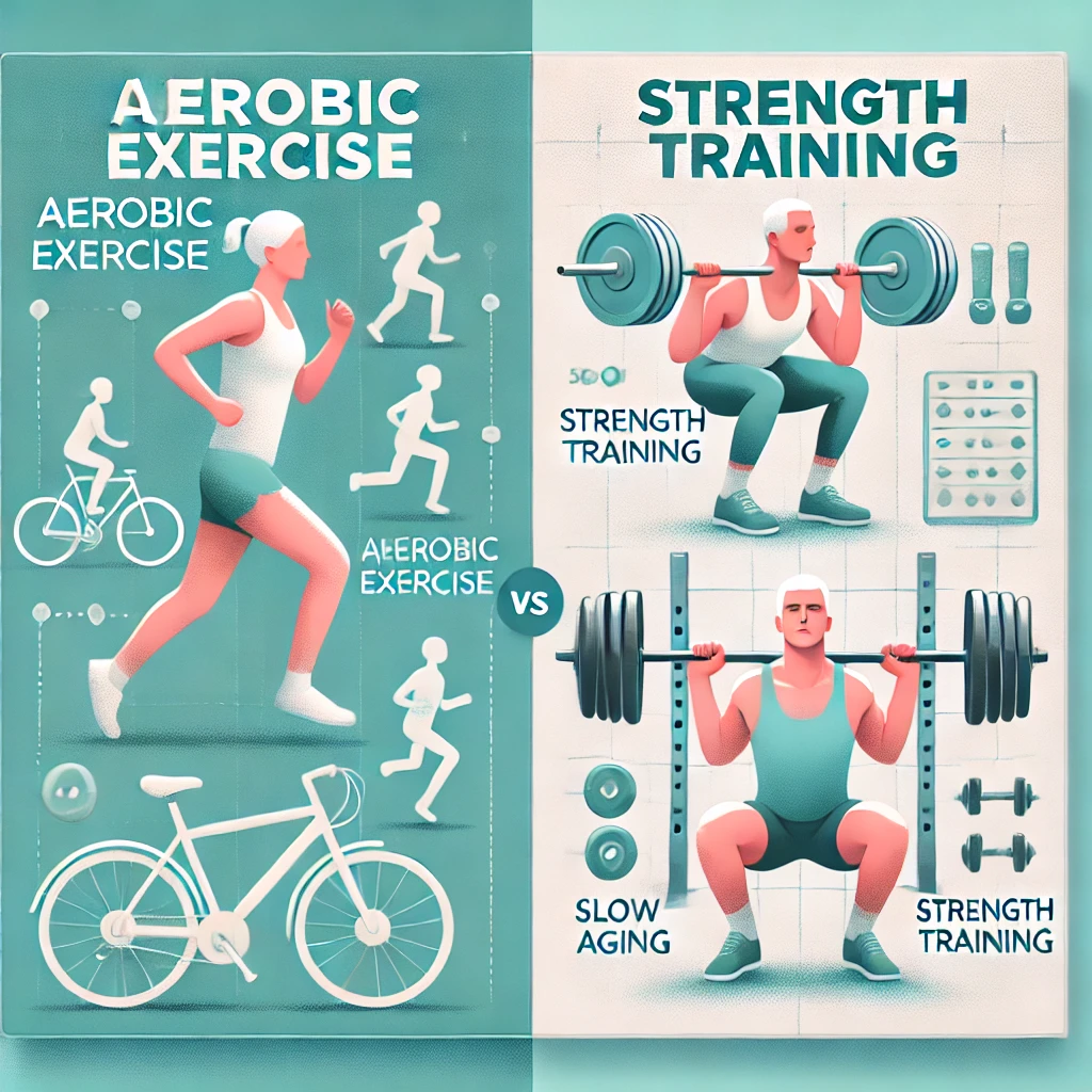 왼쪽은 유산소 운동 중인 사람(조깅 또는 자전거 타기), 오른쪽은 근력 운동 중인 사람(스쿼트 또는 웨이트 트레이닝)을 비교한 일러스트