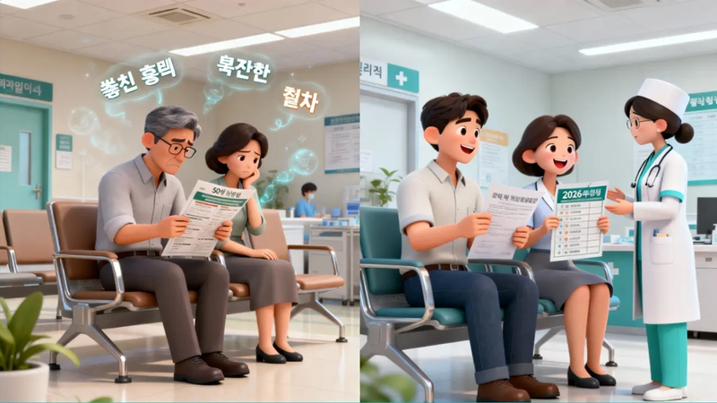 복잡한 건강검진과 혜택을 몰라 헤매던 중장년 남녀가 2026년 국가 지원 항목을 확인하고 현명하게 건강검진을 활용하여 건강과 돈을 아끼는 Before/After 모습. 2026년 중장년 건강검진 정책.