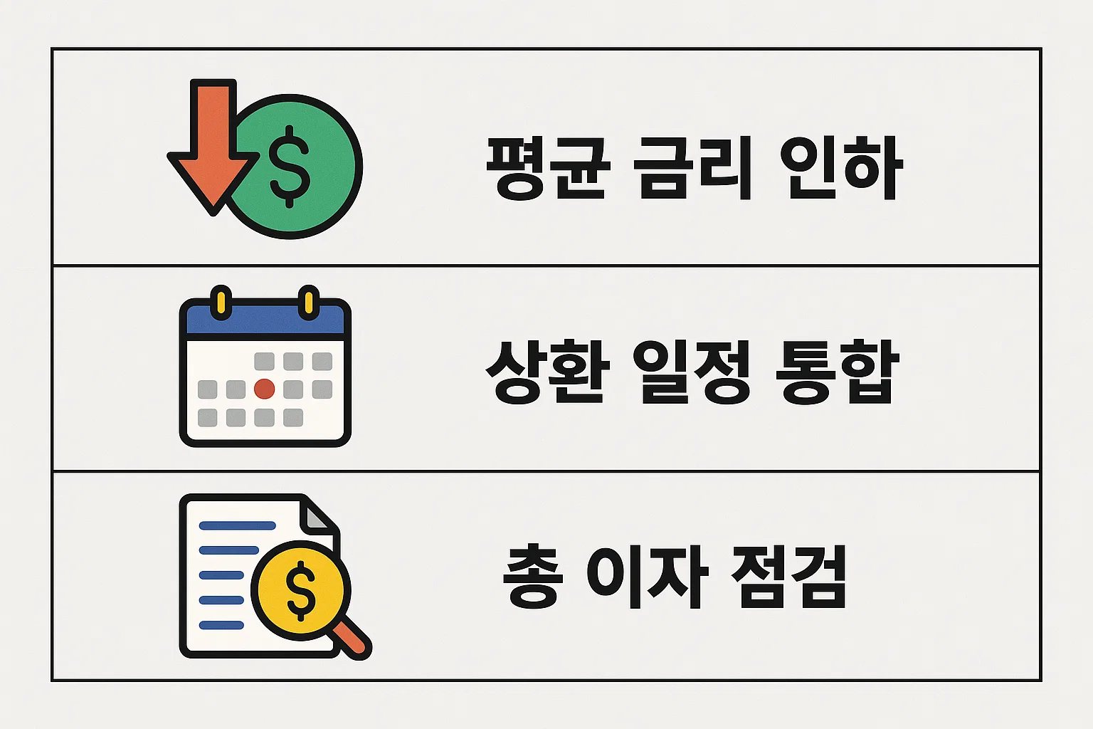 정부지원 채무통합 대환대출을 통해 평균 금리를 낮추고 상환 일정을 통합해 총이자 점검과 장기 이자 절감 전략을 설명한 이미지입니다