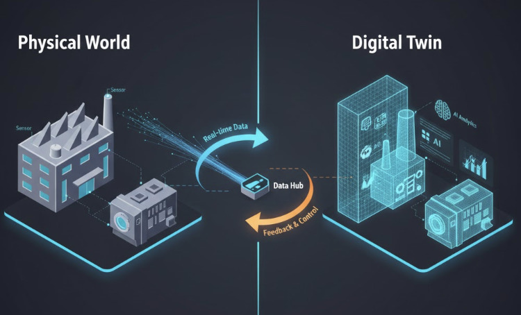 실제 물리적 자산(Physical Asset)과 가상의 디지털 모델(Digital Twin)이 실시간 센서 데이터 전송과 인공지능 분석 기반의 피드백 제어를 통해 유기적으로 연결된 디지털 트윈의 작동 원리 인포그래픽 이미지.