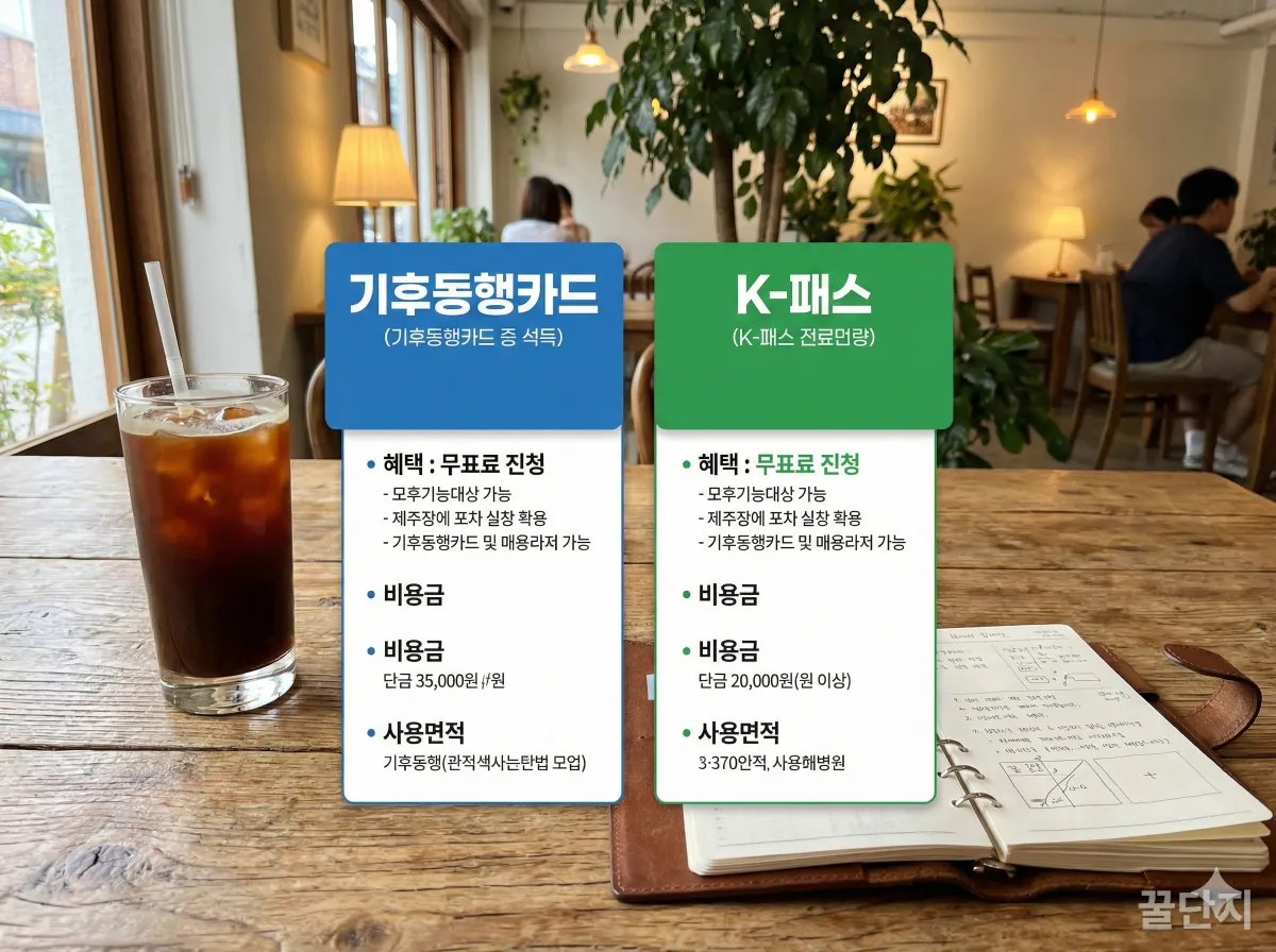 기후동행카드와 K-패스 실물 카드가 나란히 놓여 있는 비교 사진