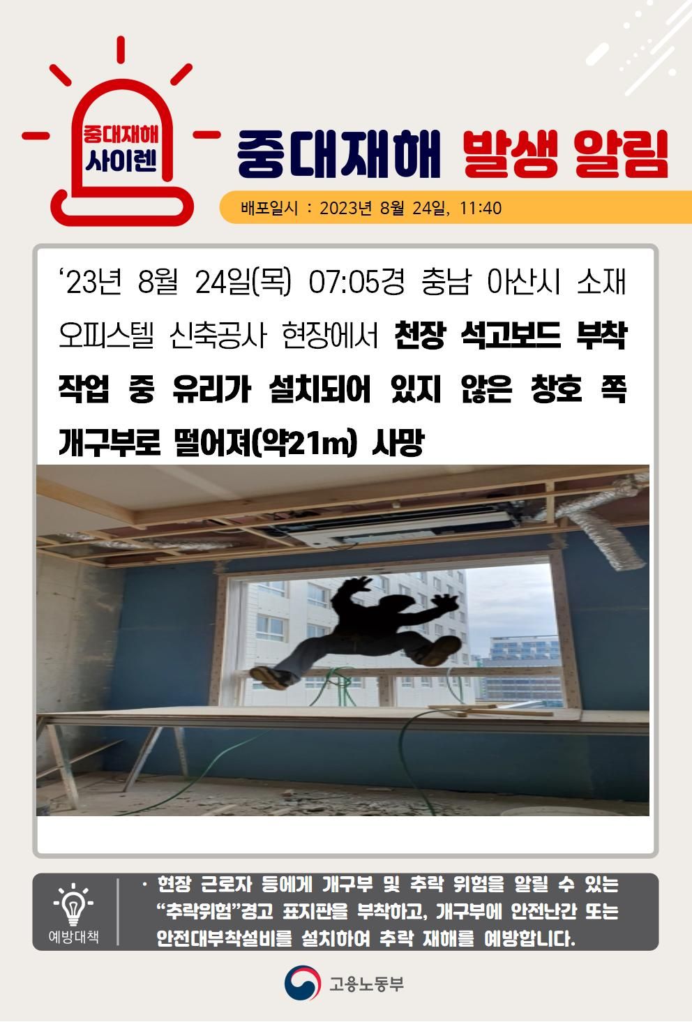 천장 석고보드 부착 작업 중 개구부로 떨어짐(21m)