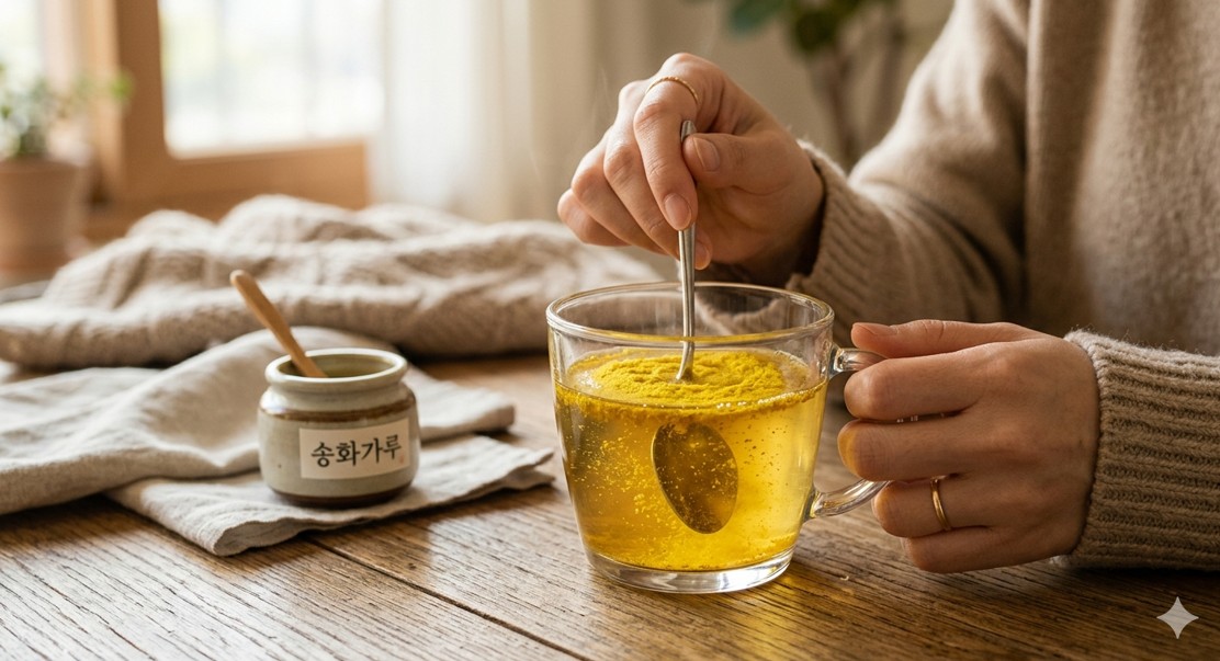 따뜻한 꿀물에 노란 송화가루를 타서 저어가는 평온한 분위기