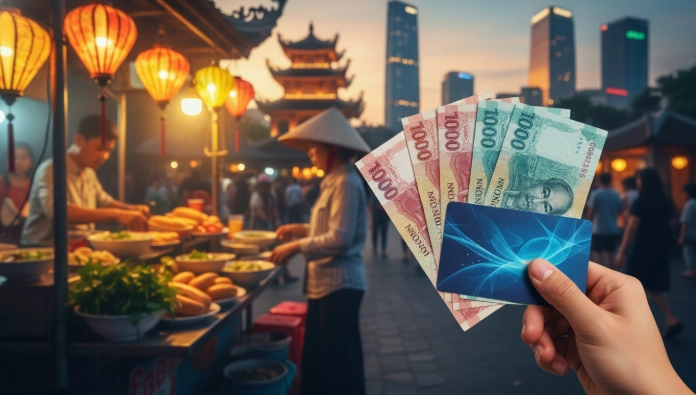 2026년 베트남 여행 시 카드와 현금의 최적 비중을 보여주는 이미지. 현대적인 트래블카드와 베트남 동 지폐가 함께 놓여 있고, 배경에는 활기찬 베트남 거리 풍경과 노란색 오토바이가 어우러져 있습니다.