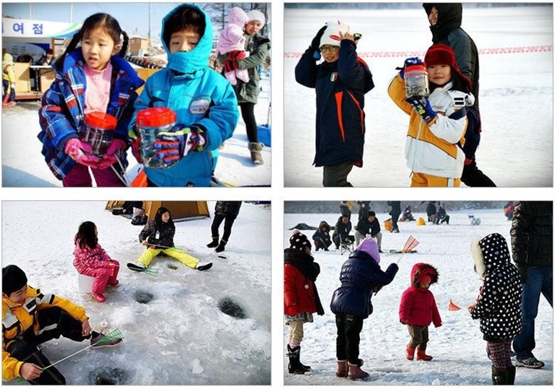 상단좌측부터 하단 우측까지, 남여 어린아이들이 얼음을 깨고 빙어낚시를 하고 있는 다양한 어린이들의 모습