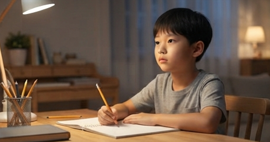 아들이 책상에서 숙제하다 멈춘 모습