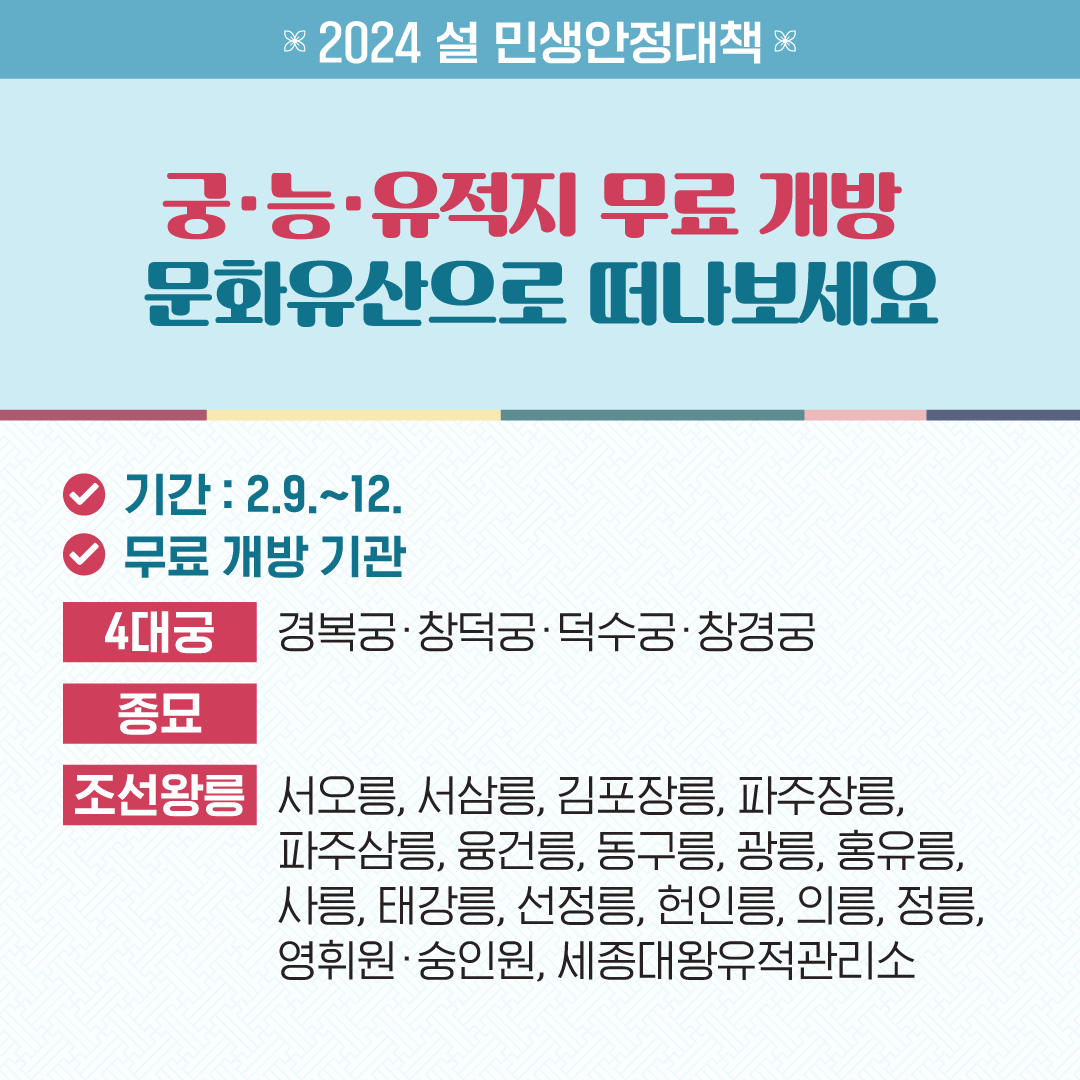 2024 4대궁 종묘 조선왕릉 세종대왕유적 무료개방