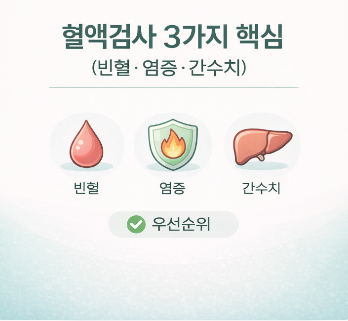 “혈액검사에서 빈혈·염증·간수치 핵심을 3개 아이콘으로 정리한 인포그래픽”