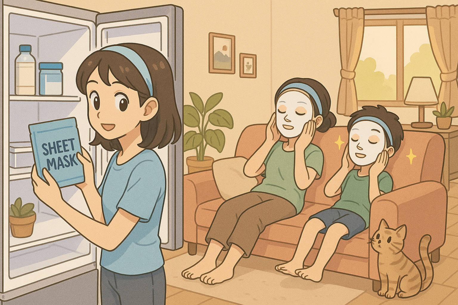 냉장고에서 시트 마스크팩을 꺼내는 여성과, 소파에서 시트팩을 붙이고 있는 가족의 모습. 여름철 진정 효과를 위해 시트팩을 냉장 보관해 사용하는 장면