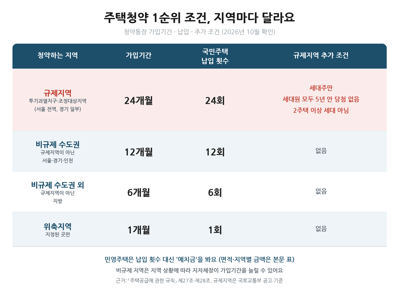 지역별 주택청약 1순위 조건 표, 가입기간과 납입 횟수