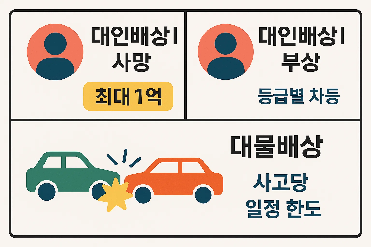 자동차보험 책임보험에서 대인배상 사망 최대 1억, 부상은 등급별 차등 보장, 대물배상은 사고당 일정 한도로 보장되는 내용을 시각적으로 정리한 인포그래픽 이미지입니다.