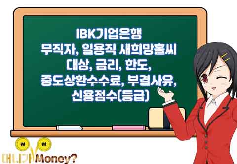 IBK기업은행 정부지원 서민금융 대출 무직자, 일용직 새희망홀씨 대상, 금리, 한도, 중도상환수수료, 부결사유, 신용점수(등급)
