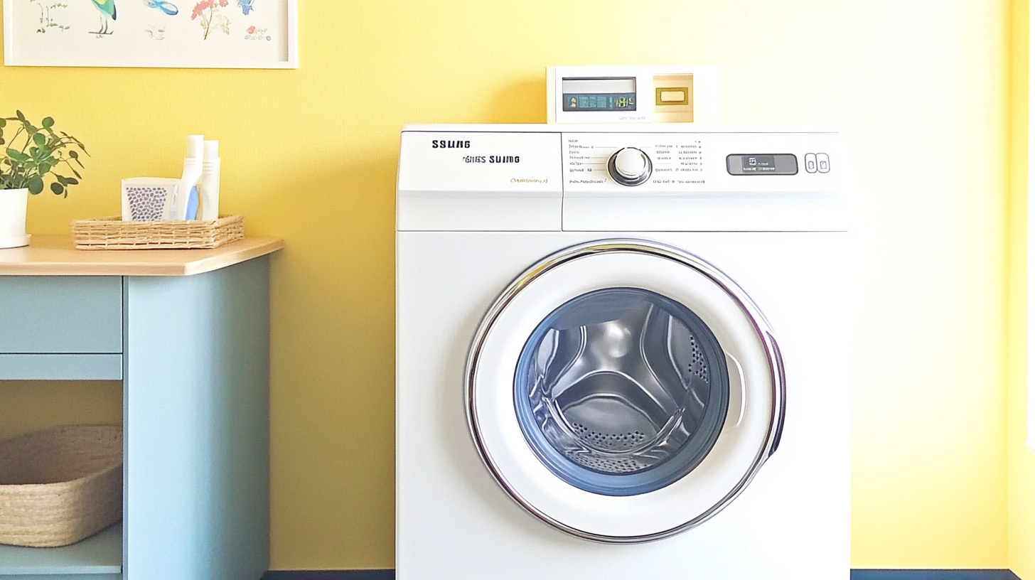 삼성 세탁기가 설치된 아늑하고 현대적인 세탁실의 내부 이미지로, 에너지 효율적인 설정과 사용자 친화적인 고급 인터페이스가 강조되어 있습니다.