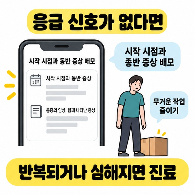 응급 신호가 없을 때 증상을 메모하는 휴대전화 화면과 상자 옆에 서 있는 사람을 보여주며 무거운 작업을 줄이고 반복되거나 심해지면 진료받도록 안내하는 그림