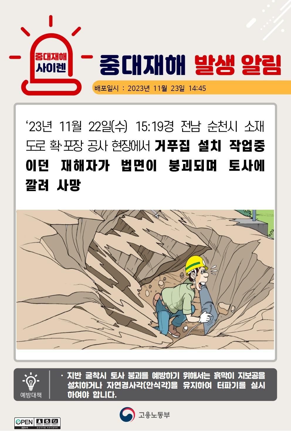 거푸집 작업 중 법면이 붕괴되어 토사에 깔림