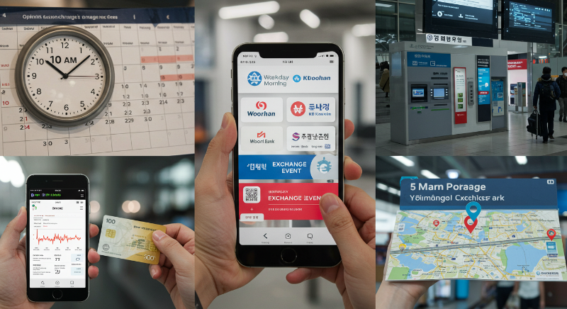 환전 수수료 절감 전략 5가지를 시각적으로 표현한 콜라주 이미지