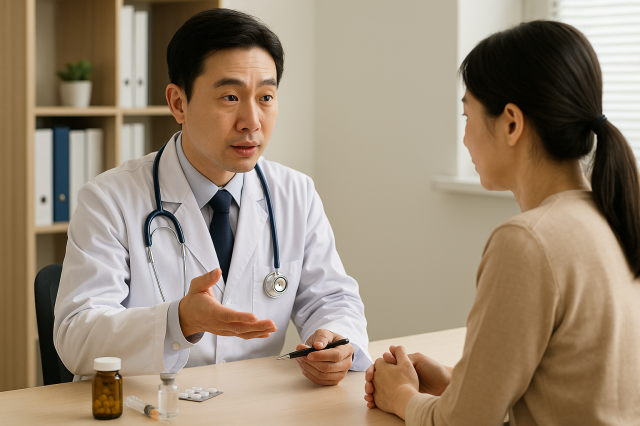 병원에서 한국인 의사가 환자에게 약물치료 옵션을 설명하는 장면