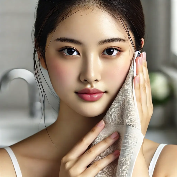 세안을 마친 후 타월로 얼굴을 닦으며 피부 진정을 표현하는 동양인 여성