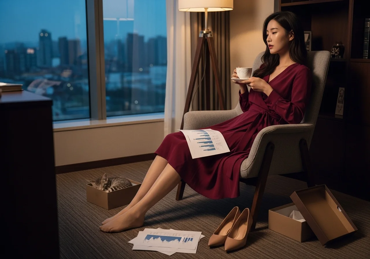 금융전문가가 해질녘의 사무실에서, 구두를 벗고 편안하게 차를 마시며 환율 시장 분석 후의 전략을 구상하고 있는 모습