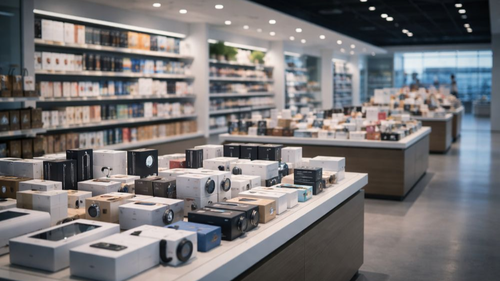 진열대에 제품 박스들이 가득 쌓여 있지만 매장에 손님이 전혀 없는 텅 빈 쇼핑 공간